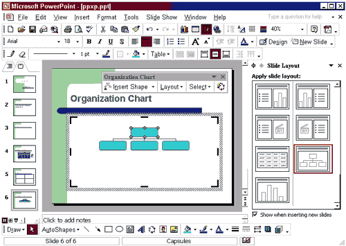PowerPoint window showing slide with Organization Chart