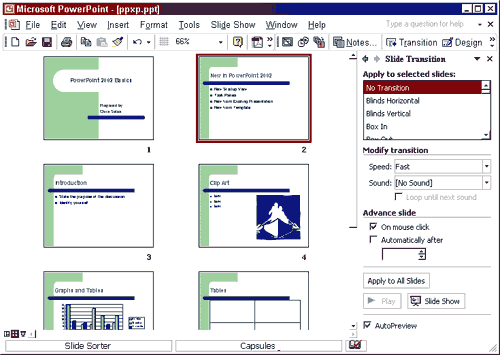 PowerPoint window showing Slide Transition Task Panel