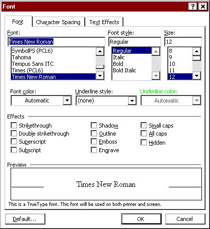 Font dialog box