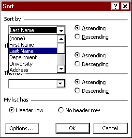 Excel 'Sort' Dialog Box