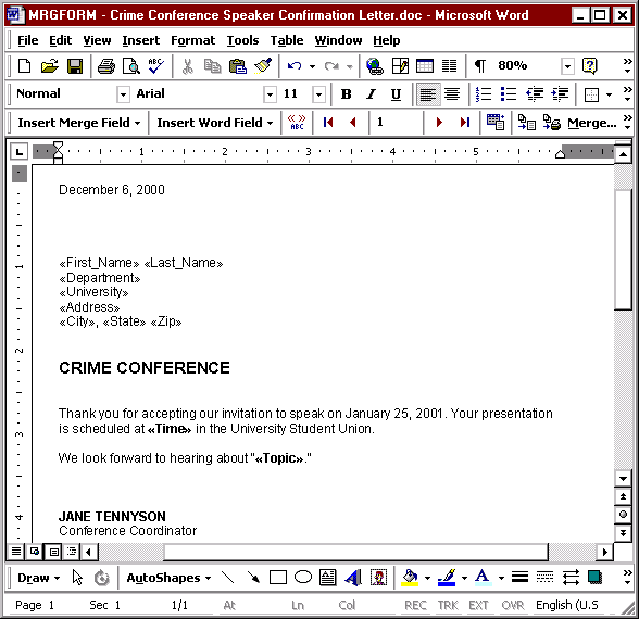 Word Window with Main Document Text and Merge Fields