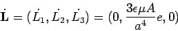 \begin{displaymath}
\dot{{\bf L}} = (\dot{L_1}, \dot{L_2}, \dot{L_3}) = (0,
\frac{3\epsilon\mu A}{a^4} e, 0)
\end{displaymath}